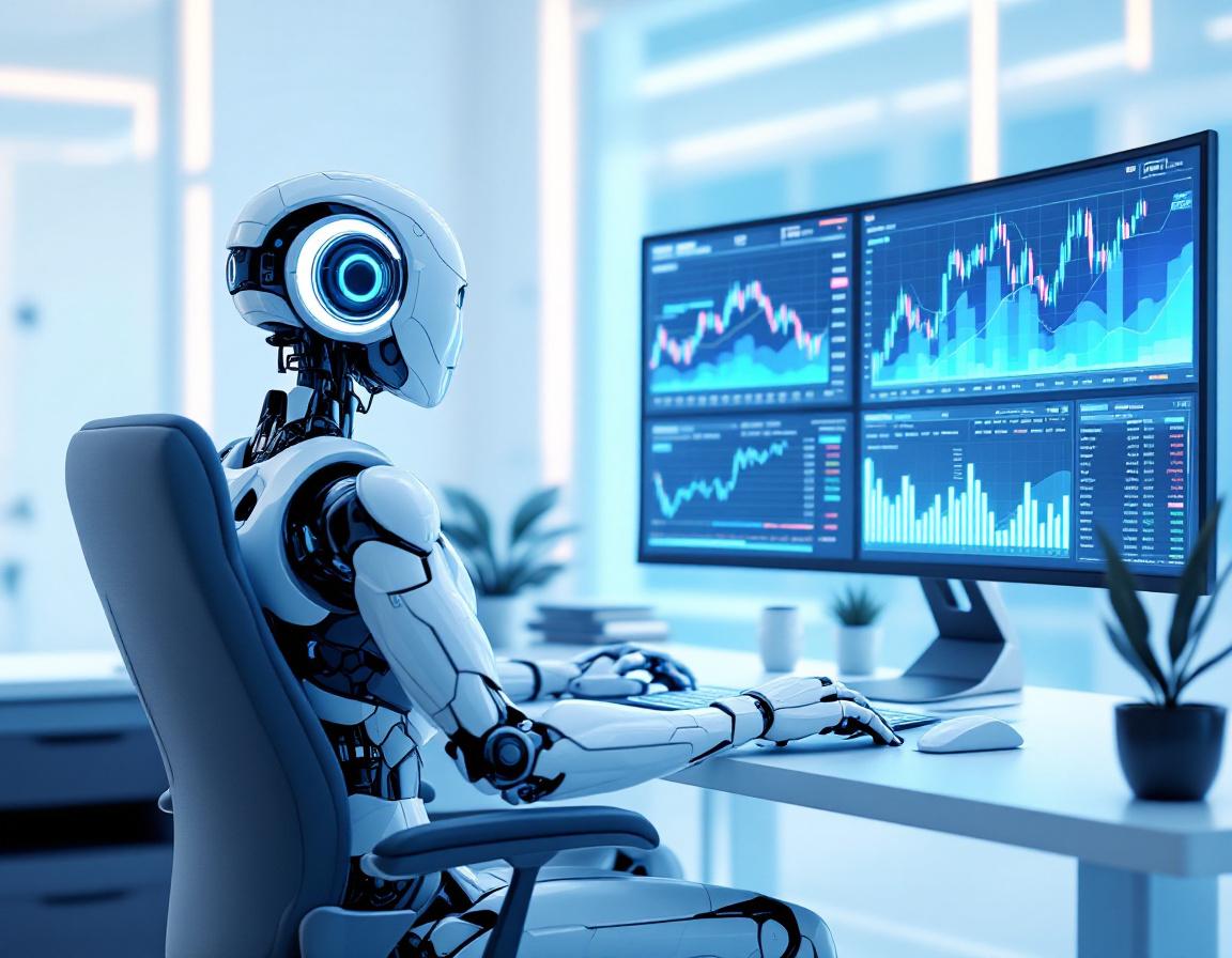 A humanoid AI trading bot at a high-tech workstation analyzing market data on multiple screens.