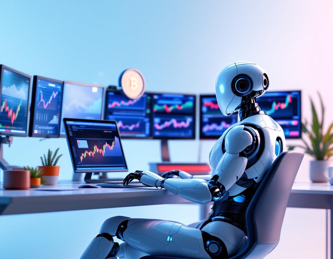 A humanoid AI trading bot analyzes market data at a high-tech workstation with multiple screens.