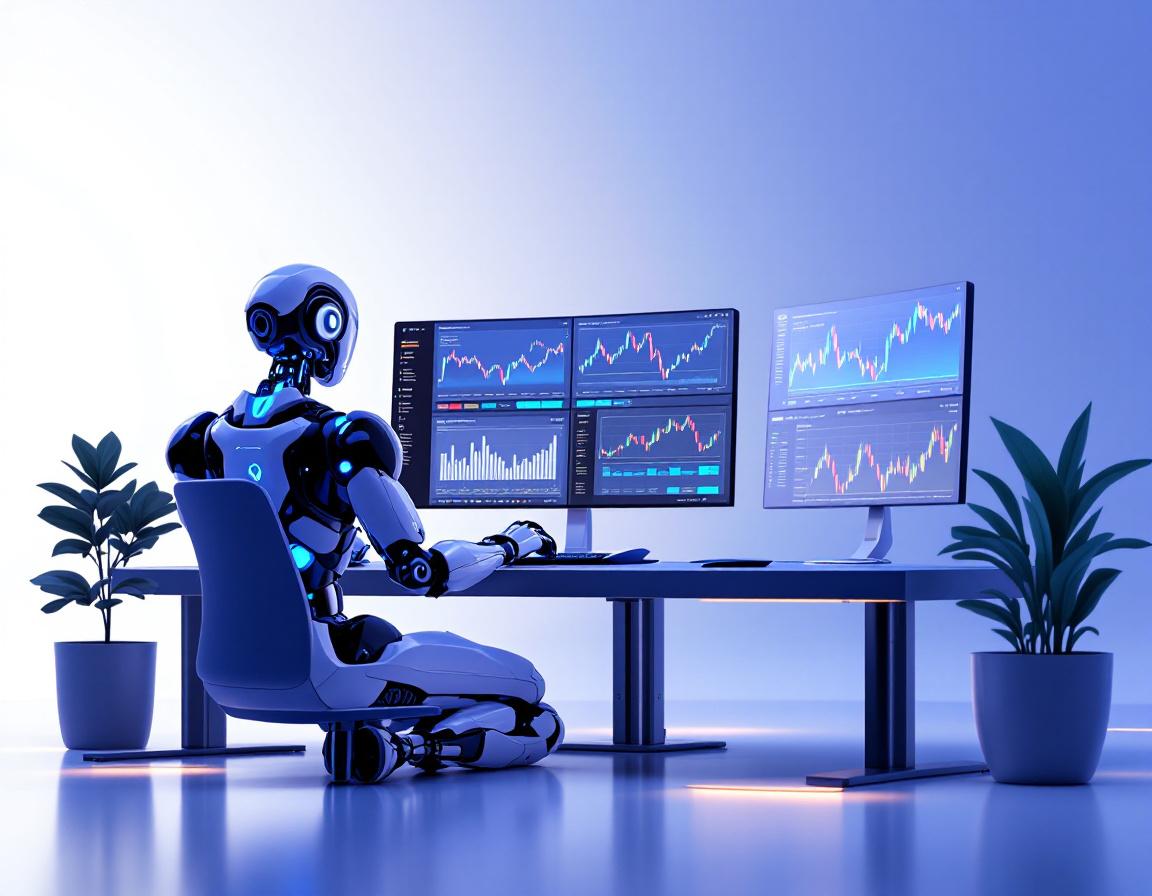 A hyper-realistic AI trading bot at a workstation analyzes market data across multiple screens.
