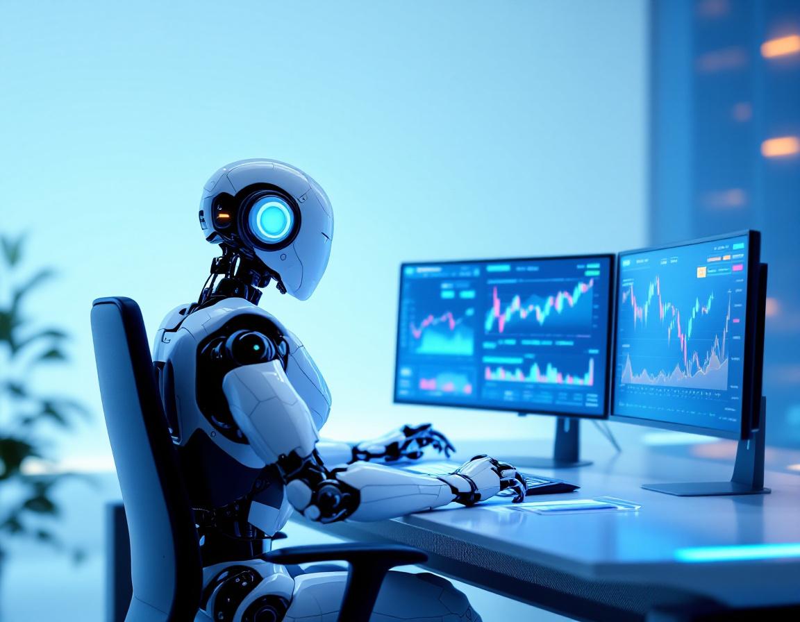 A humanoid AI trading bot at a high-tech workstation analyzes market data across multiple screens.