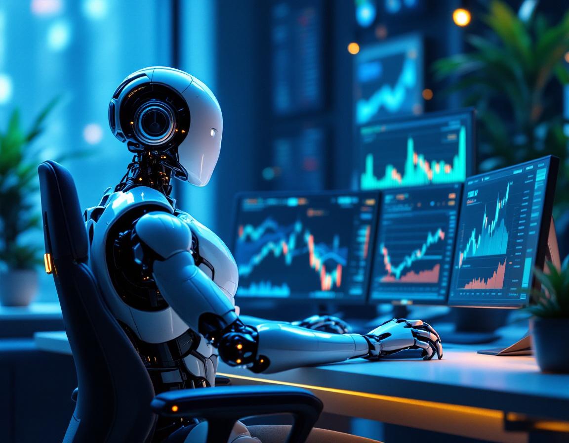 A humanoid AI trading bot analyzes market data at a high-tech workstation with multiple screens.