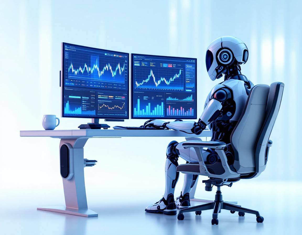 A hyper-realistic AI trading bot analyzes market data in a futuristic financial trading environment.