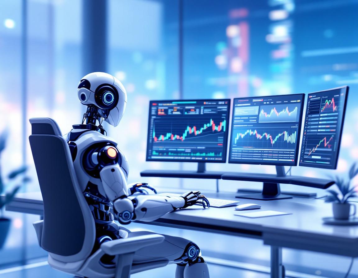 A humanoid AI trading bot at a high-tech workstation analyzes market data on multiple screens.