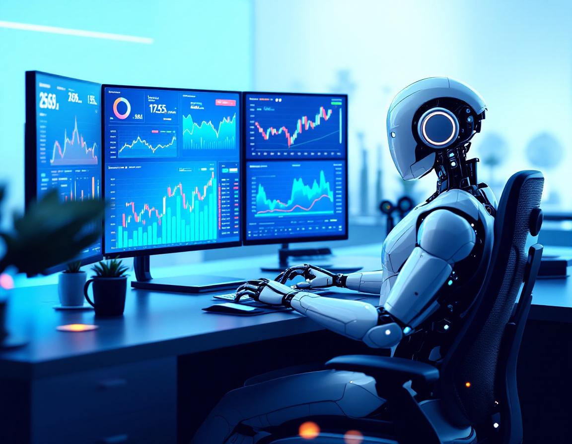A hyper-realistic AI trading bot at a workstation, analyzing market data on multiple screens.