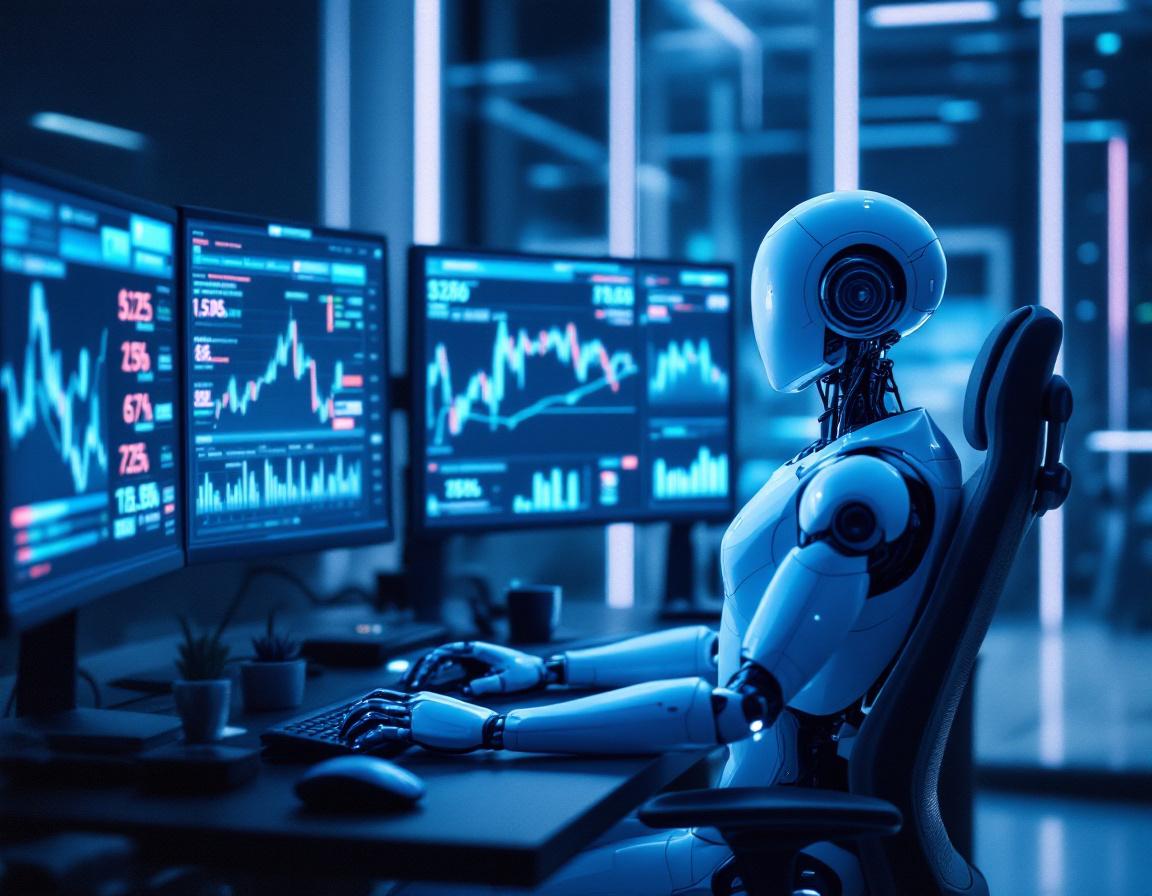 A humanoid AI trading bot analyzes charts on multiple screens in a futuristic, high-tech workspace.