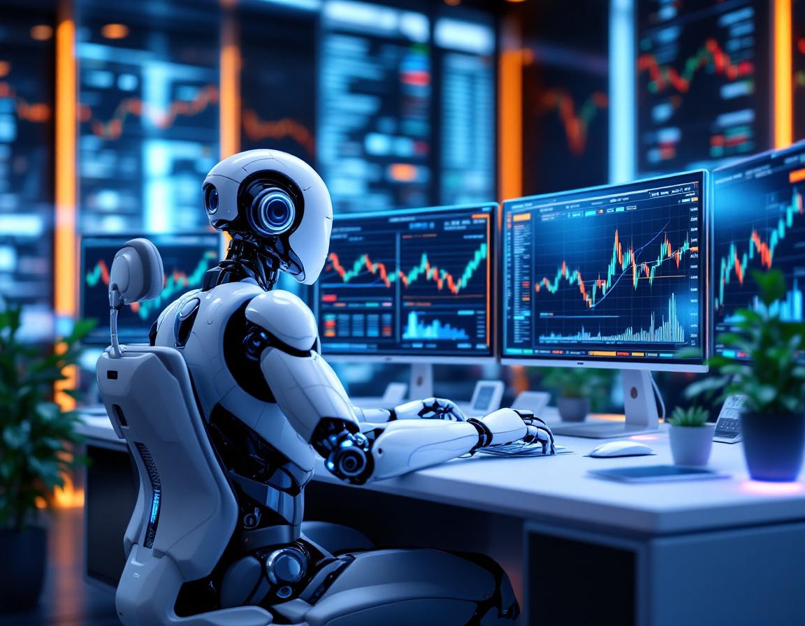 A hyper-realistic AI trading bot at a workstation analyzing data on multiple screens in blue tones.