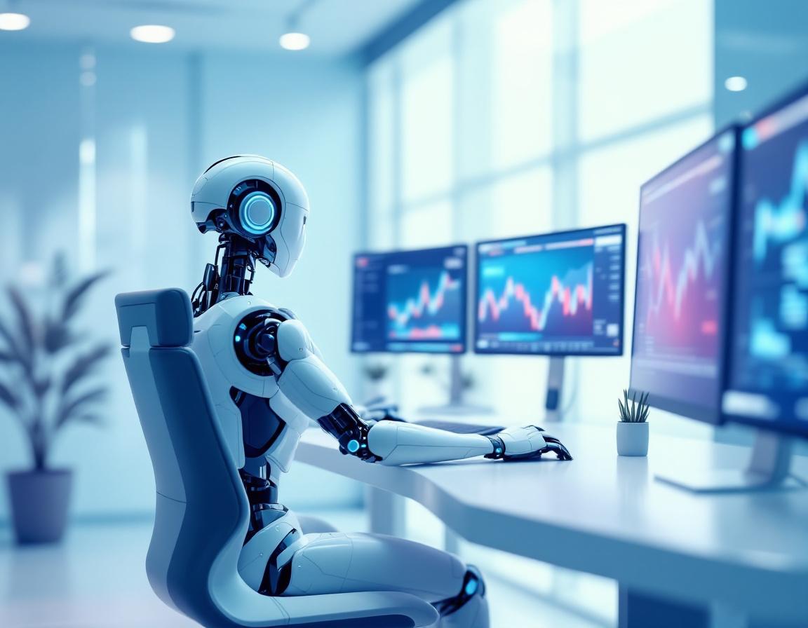 A hyper-realistic AI trading bot at a sleek workstation analyzing stock and crypto market data.
