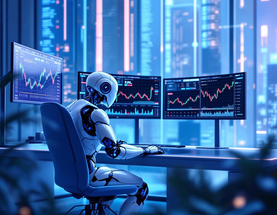 A hyper-realistic AI trading bot analyzes market data in a sleek, high-tech financial environment.