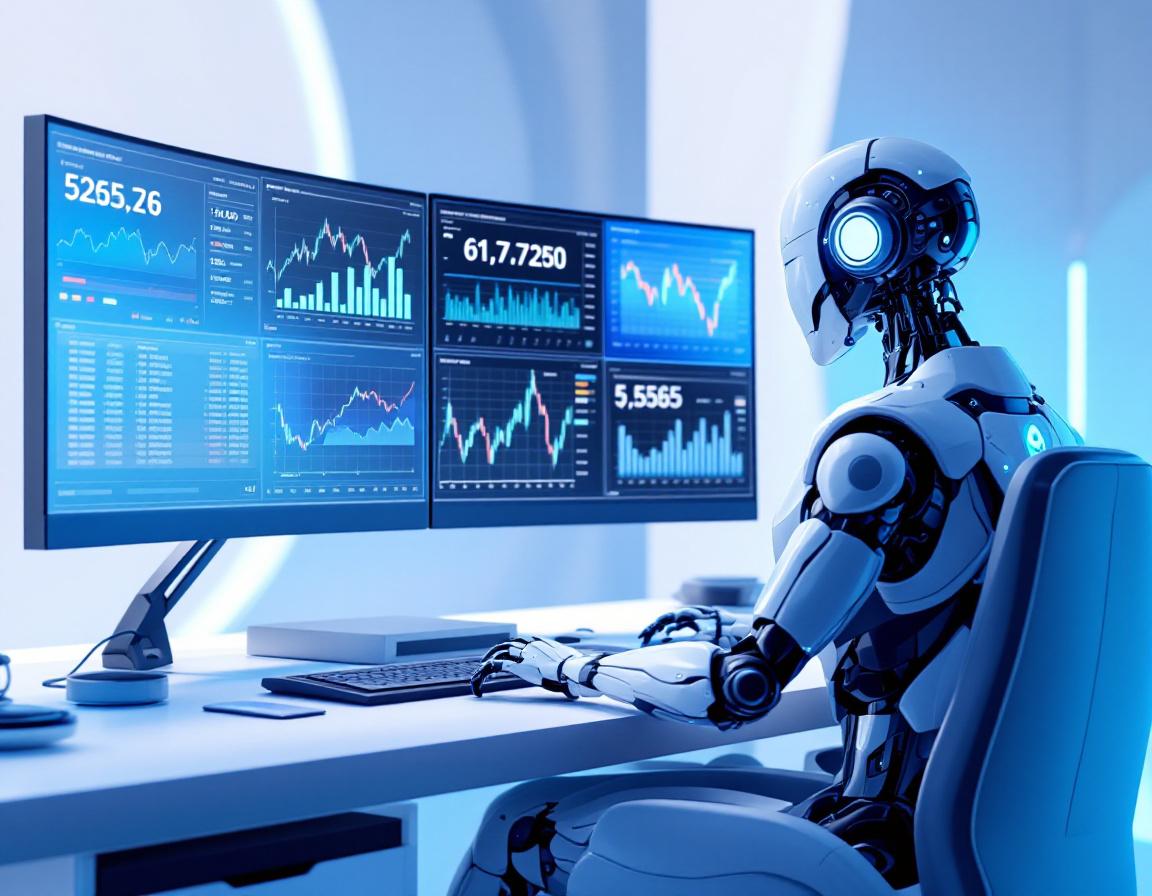A hyper-realistic AI trading bot in a futuristic workstation analyzing stock and crypto market data.