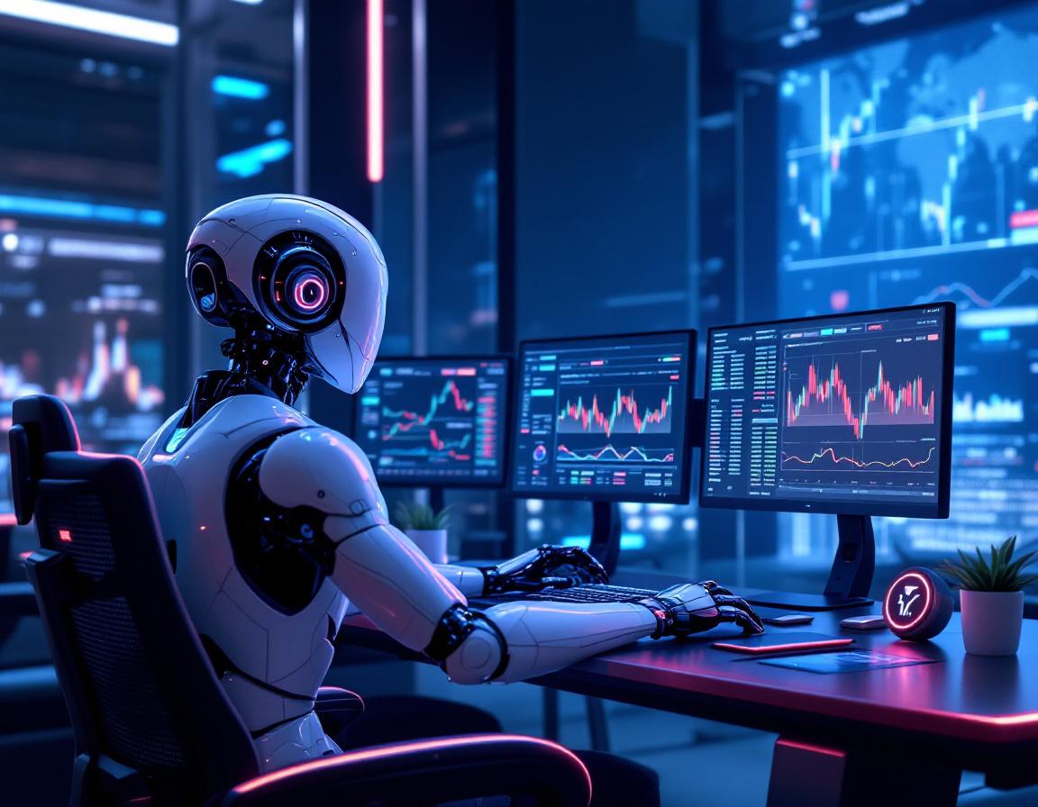 A humanoid AI trading bot analyzes market data at a high-tech workstation amid futuristic screens.