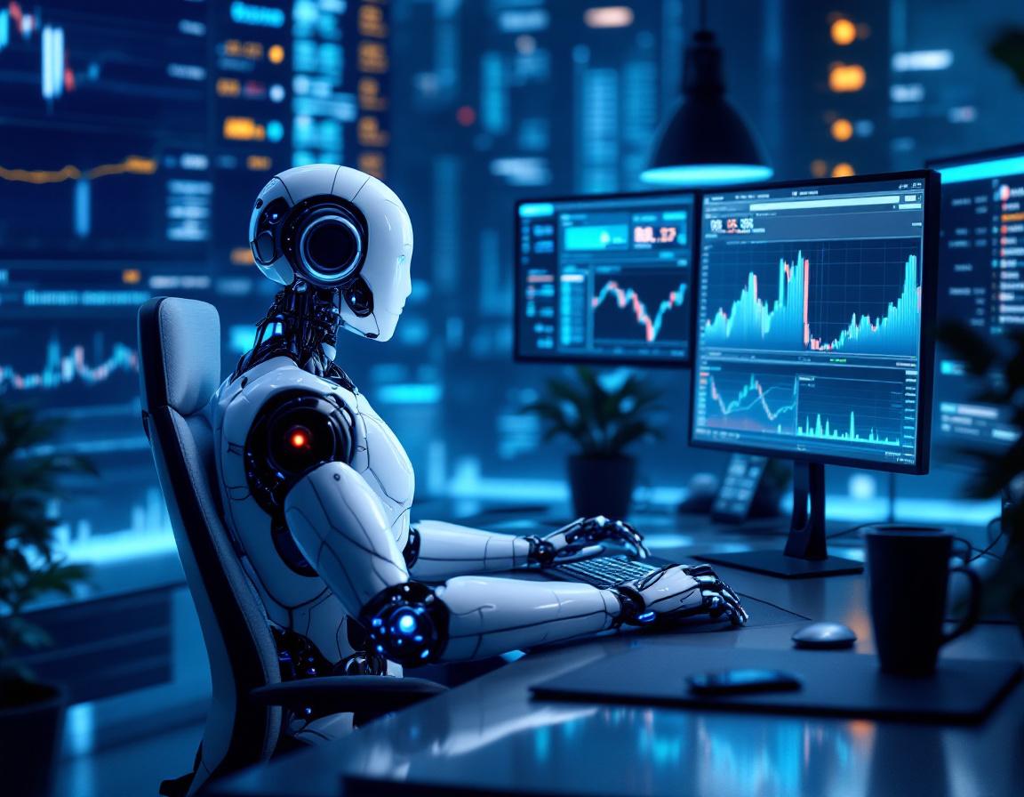 A highly detailed 3D AI trading bot at a workstation, analyzing market data on multiple screens.
