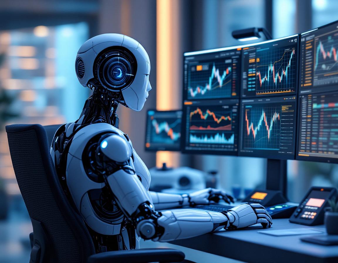 A hyper-realistic AI trading bot in a futuristic setting, analyzing market data on multiple screens.