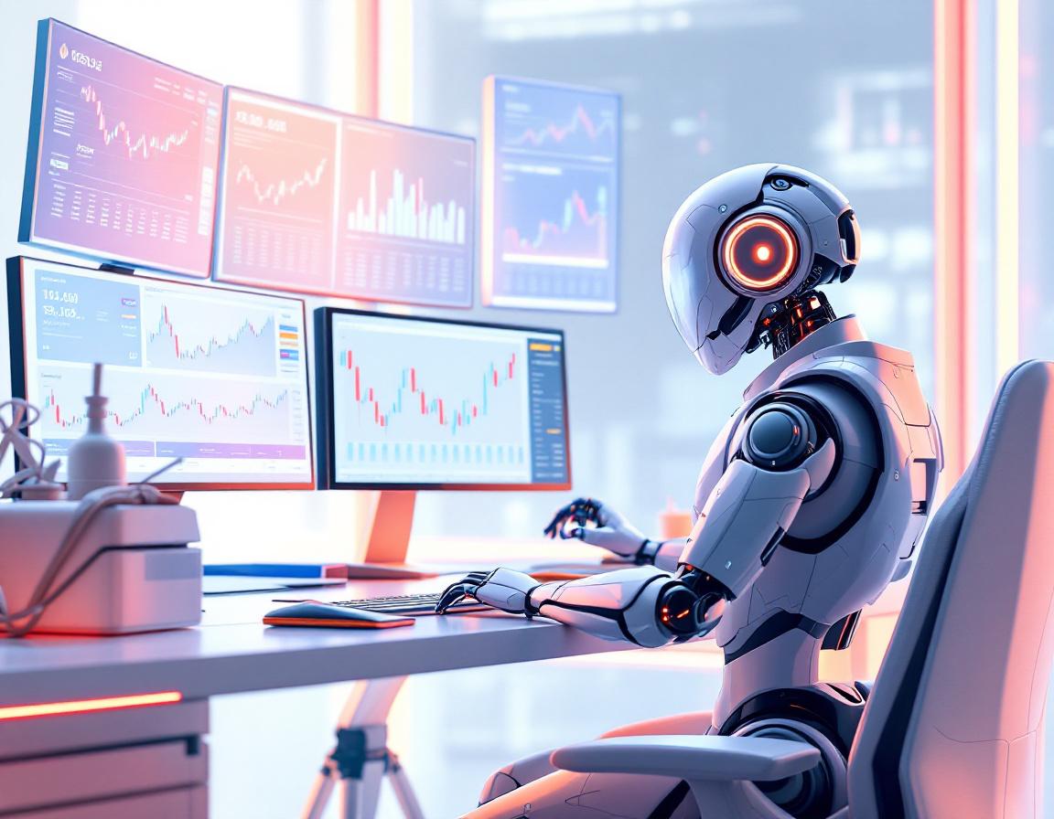 A hyper-realistic AI trading bot at a workstation analyzing market data across multiple screens.