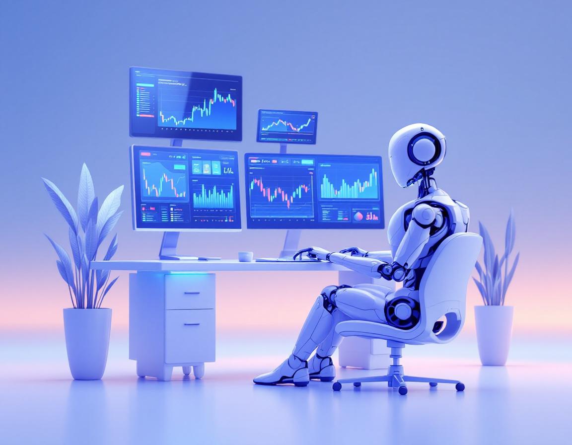 A hyper-realistic AI trading bot at a high-tech workstation, analyzing data across multiple screens.