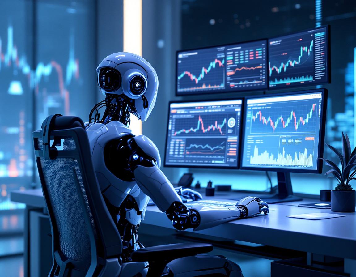 A humanoid AI trading bot analyzes market data at a futuristic workstation with glowing screens.