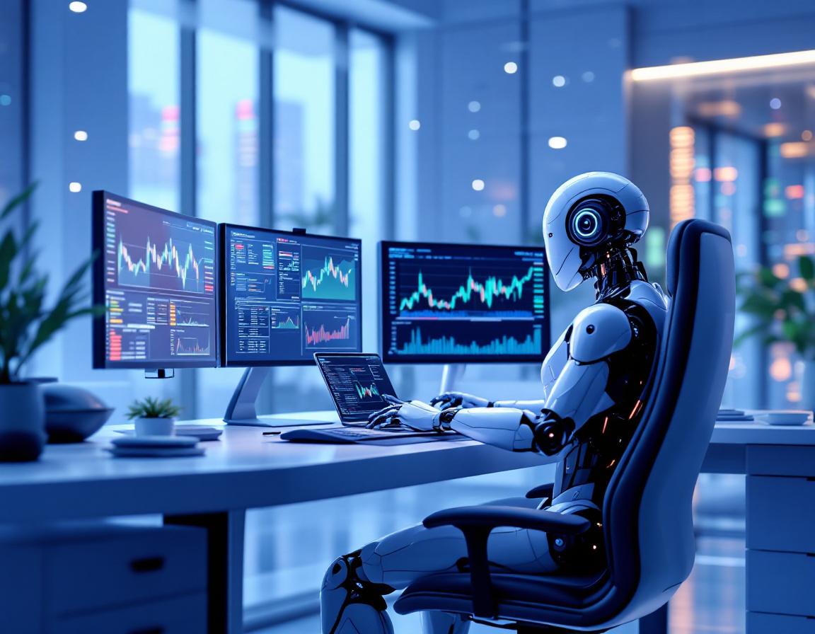 A hyper-realistic AI trading bot analyzes market data at a sleek workstation with multiple screens.