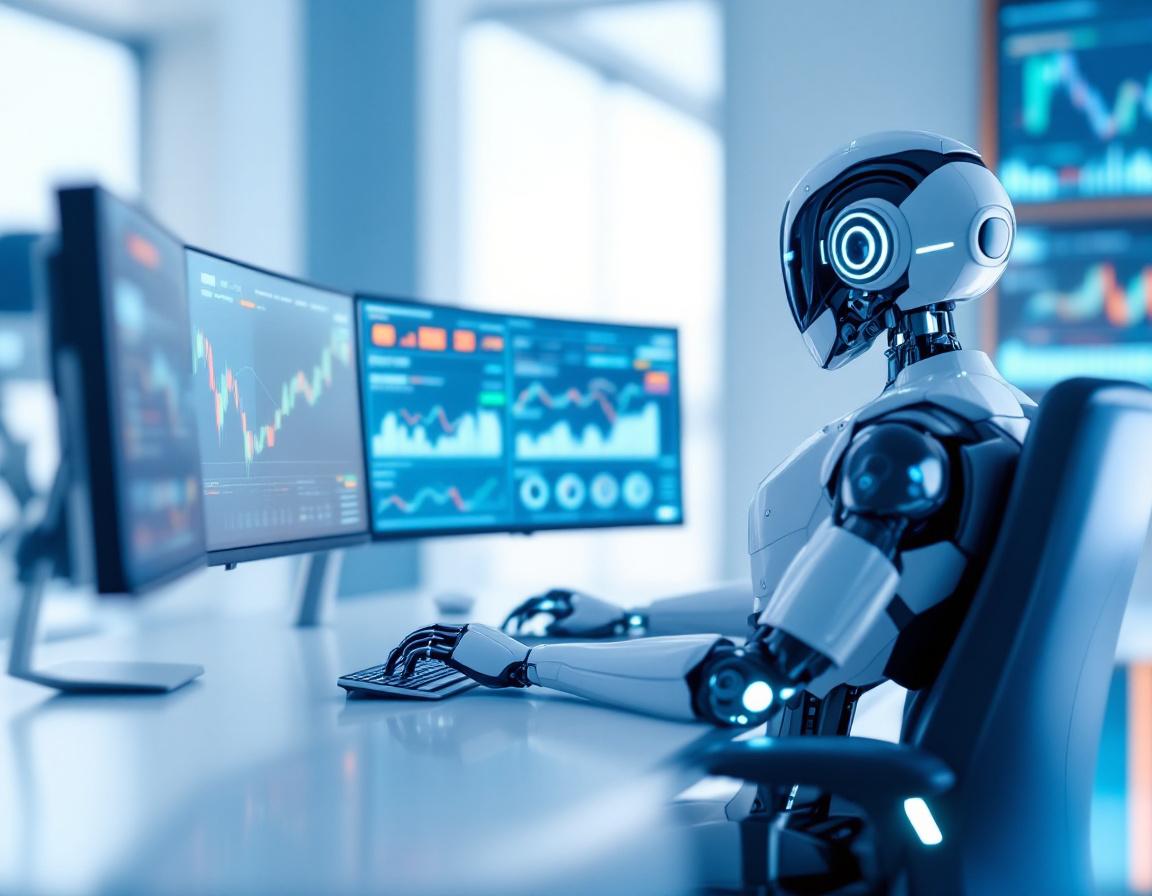 A futuristic AI trading bot operates at a high-tech workstation, analyzing market data and trends.