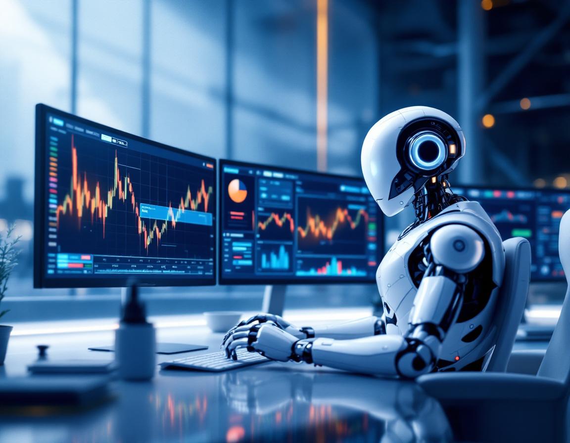 A humanoid AI trading bot operates at a workstation, analyzing market data on multifaceted screens.