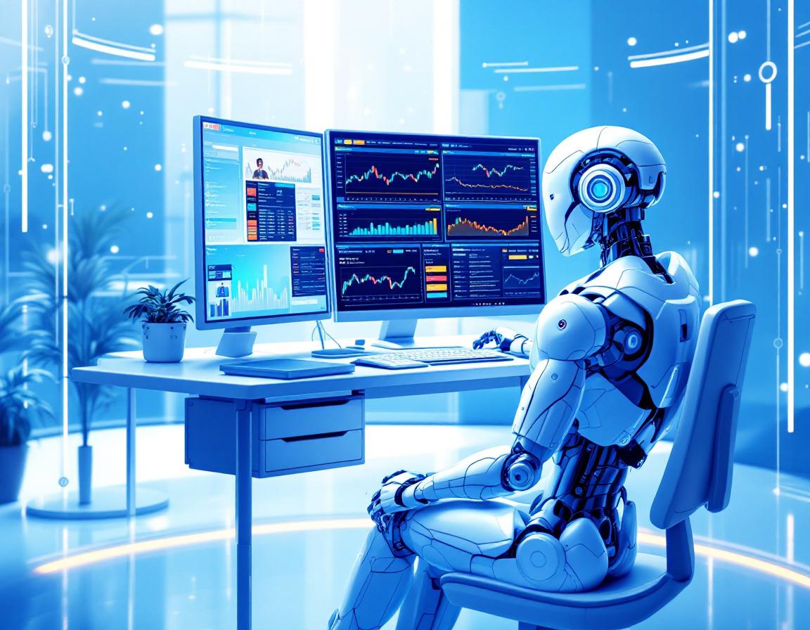 A hyper-realistic AI trading bot at a workstation, analyzing data on multiple vibrant screens.