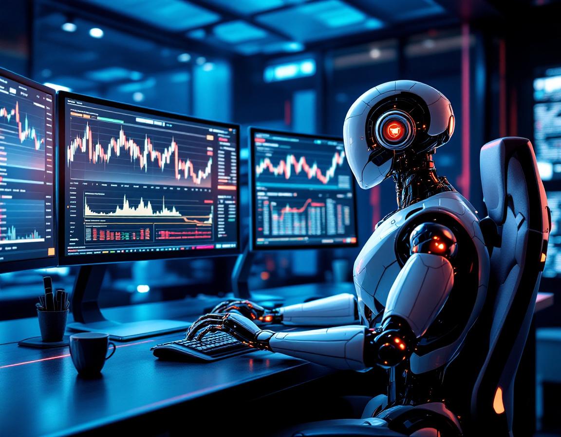 A humanoid AI trading bot analyzes market data at a high-tech workstation with multiple screens.