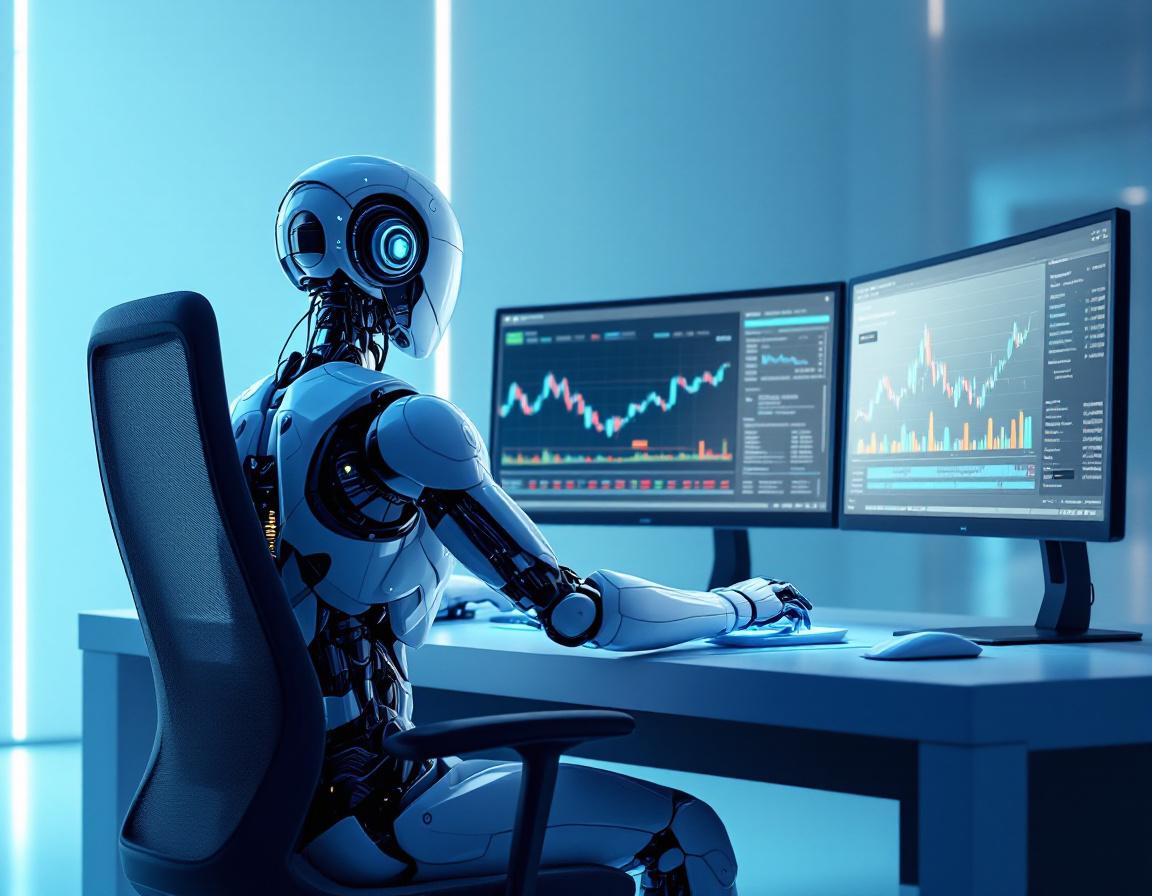 A hyper-realistic AI trading bot in a futuristic setting, analyzing market data on multiple screens.