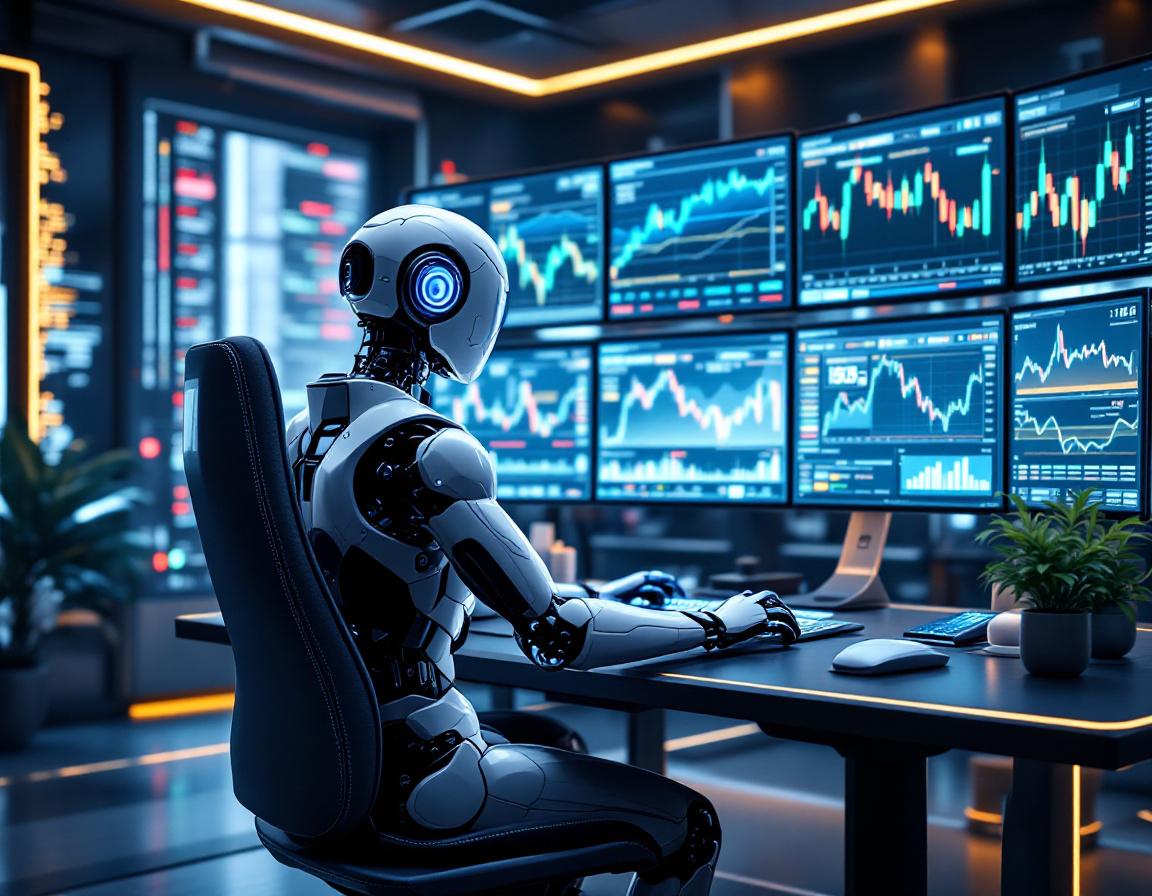 A highly detailed, hyper-realistic AI trading bot analyzing market data at a high-tech workstation.