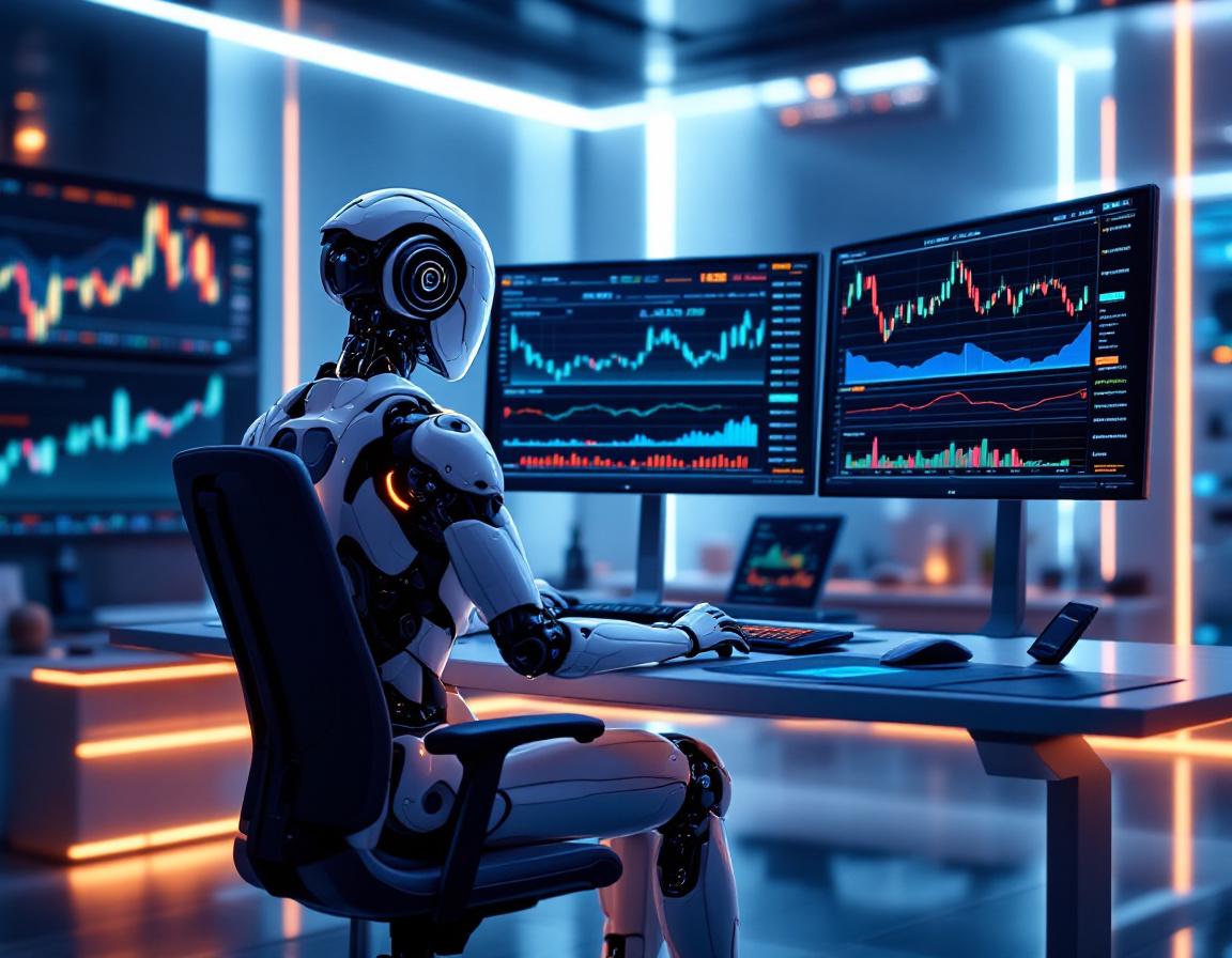A sleek AI trading bot analyzes crypto and stock market data across multiple glowing screens in 3D.