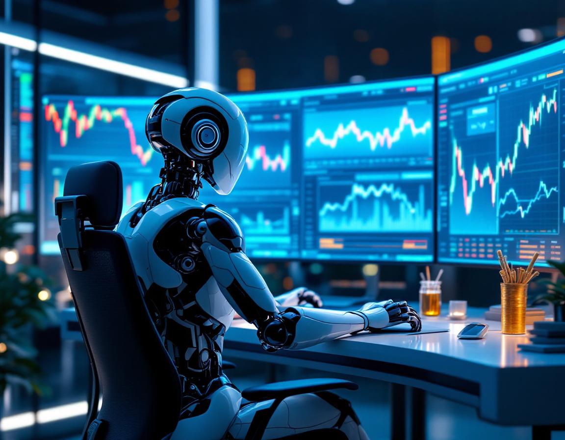 A humanoid AI trading bot analyzes market data at a high-tech workstation in a futuristic setting.