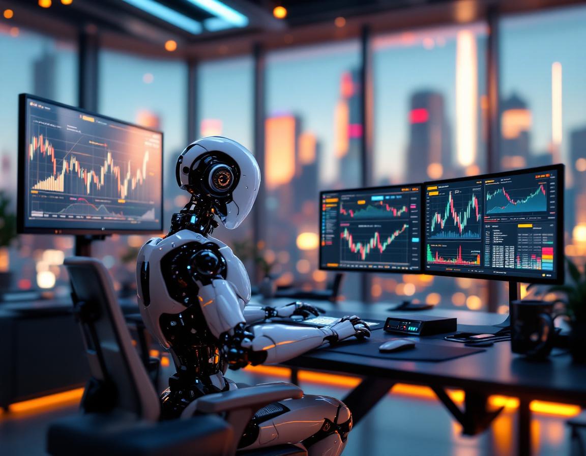 A hyper-realistic AI trading bot at a high-tech workstation analyzing crypto and stock market data.