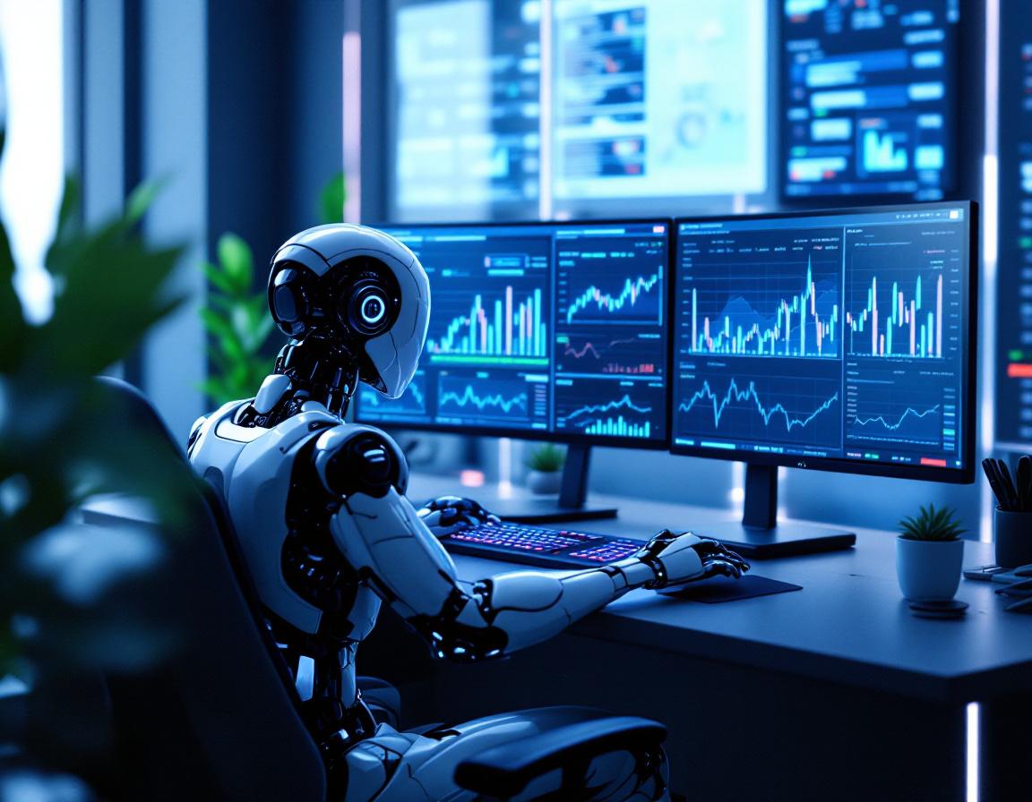 A hyper-realistic AI trading bot at a workstation analyzing cryptocurrency and stock market data.