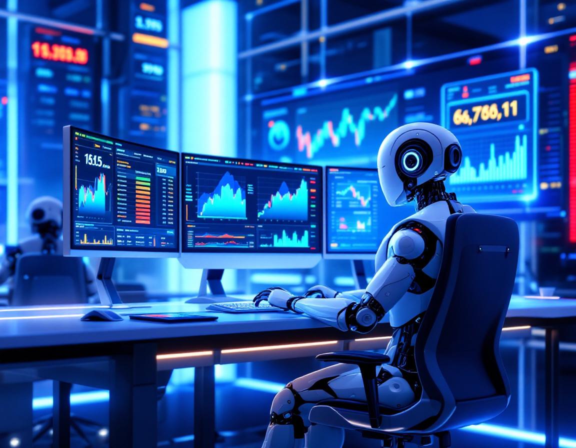 A hyper-realistic AI trading bot analyzes market data at a high-tech workstation, displaying trends.