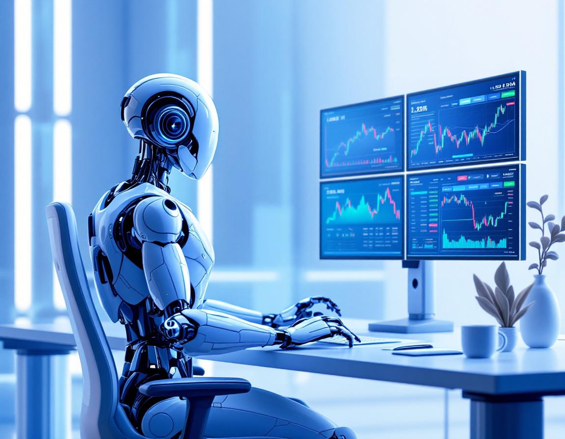 A sleek humanoid AI trading bot at a high-tech workstation analyzing stock and crypto market trends.
