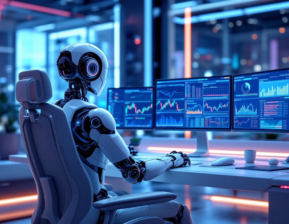 A humanoid AI trading bot analyzes market data at a high-tech workstation with multiple screens.
