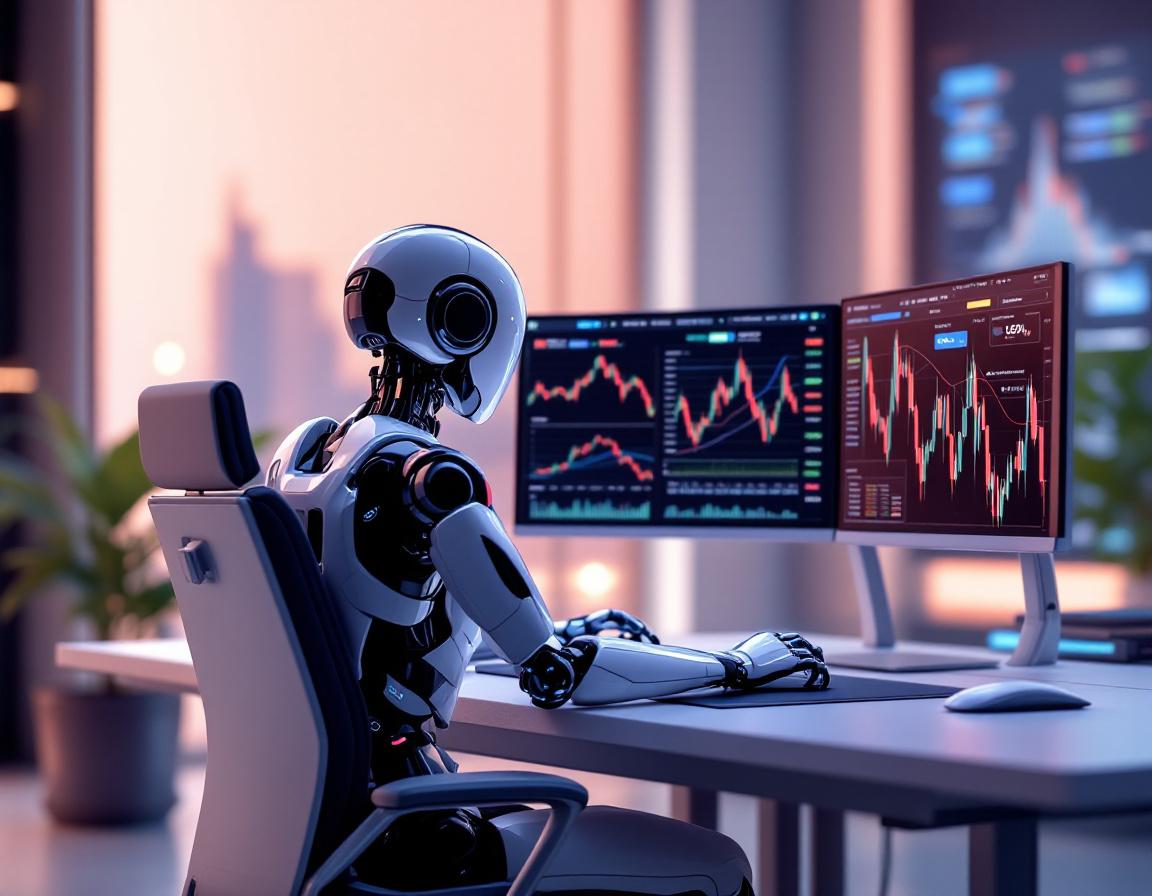 A hyper-realistic AI trading bot at a workstation, analyzing market data across multiple screens.