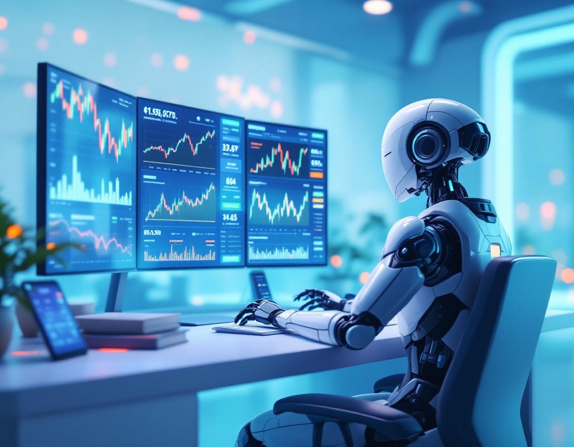 A hyper-realistic AI trading bot at a workstation analyzing market data across multiple screens.