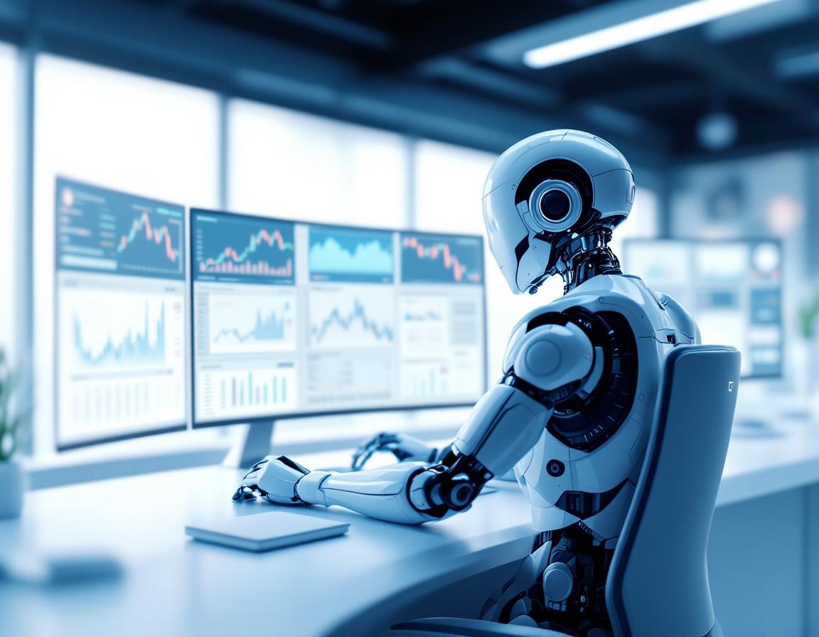 A hyper-realistic AI trading bot seated at a workstation, analyzing market data on multiple screens.