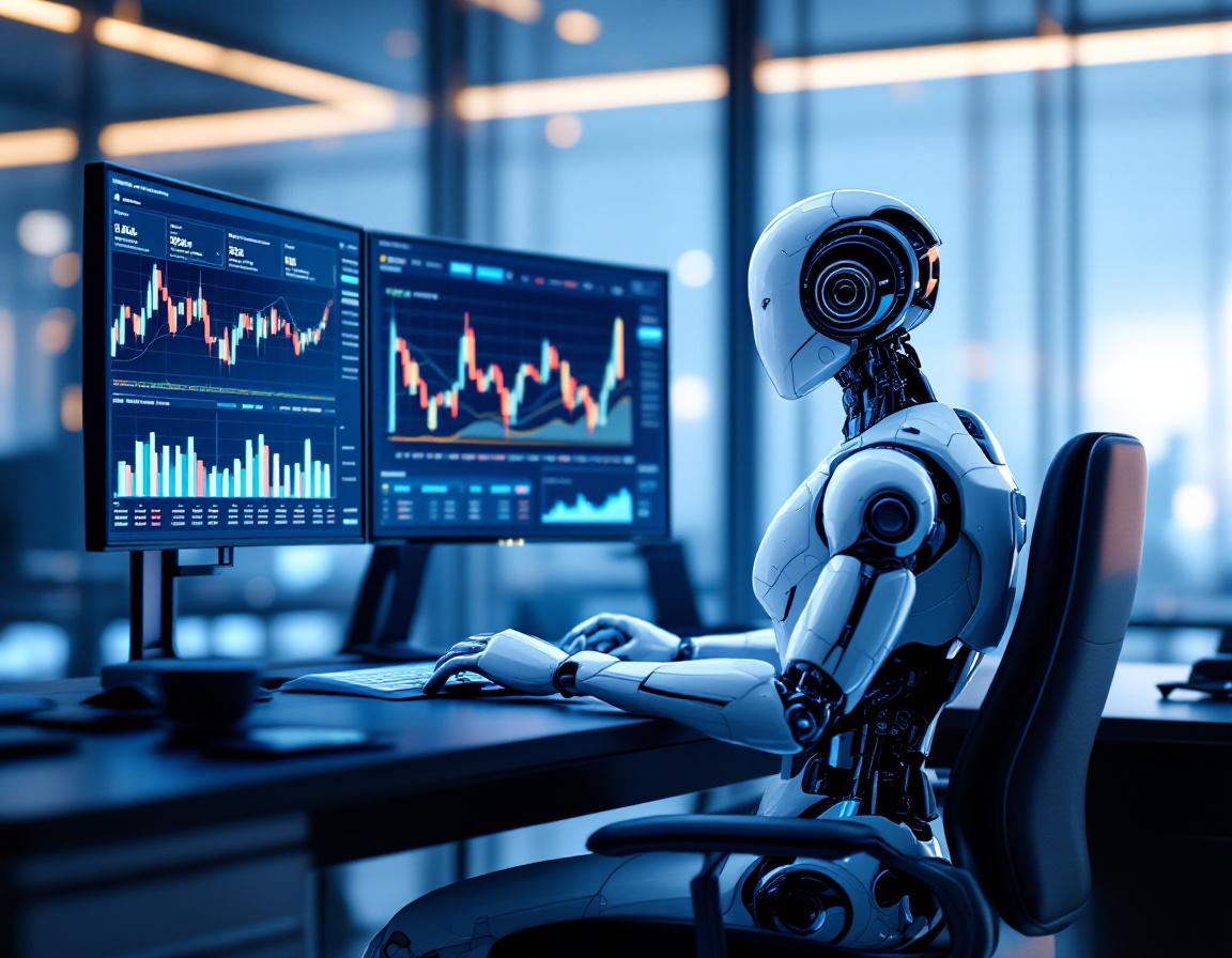 A humanoid AI trading bot analyzes market data at a hi-tech workstation with glowing screens.