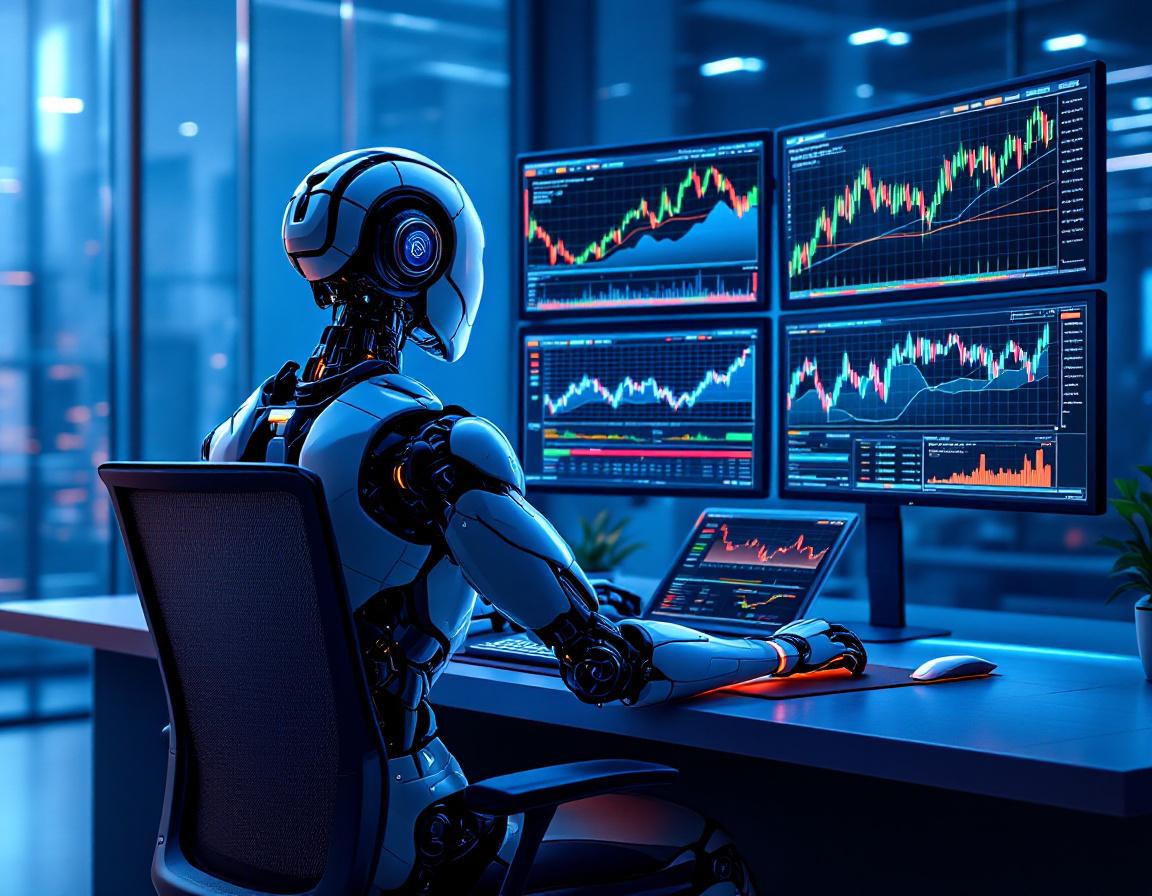 A humanoid AI trading bot at a futuristic workstation analyzes market data on multiple screens.