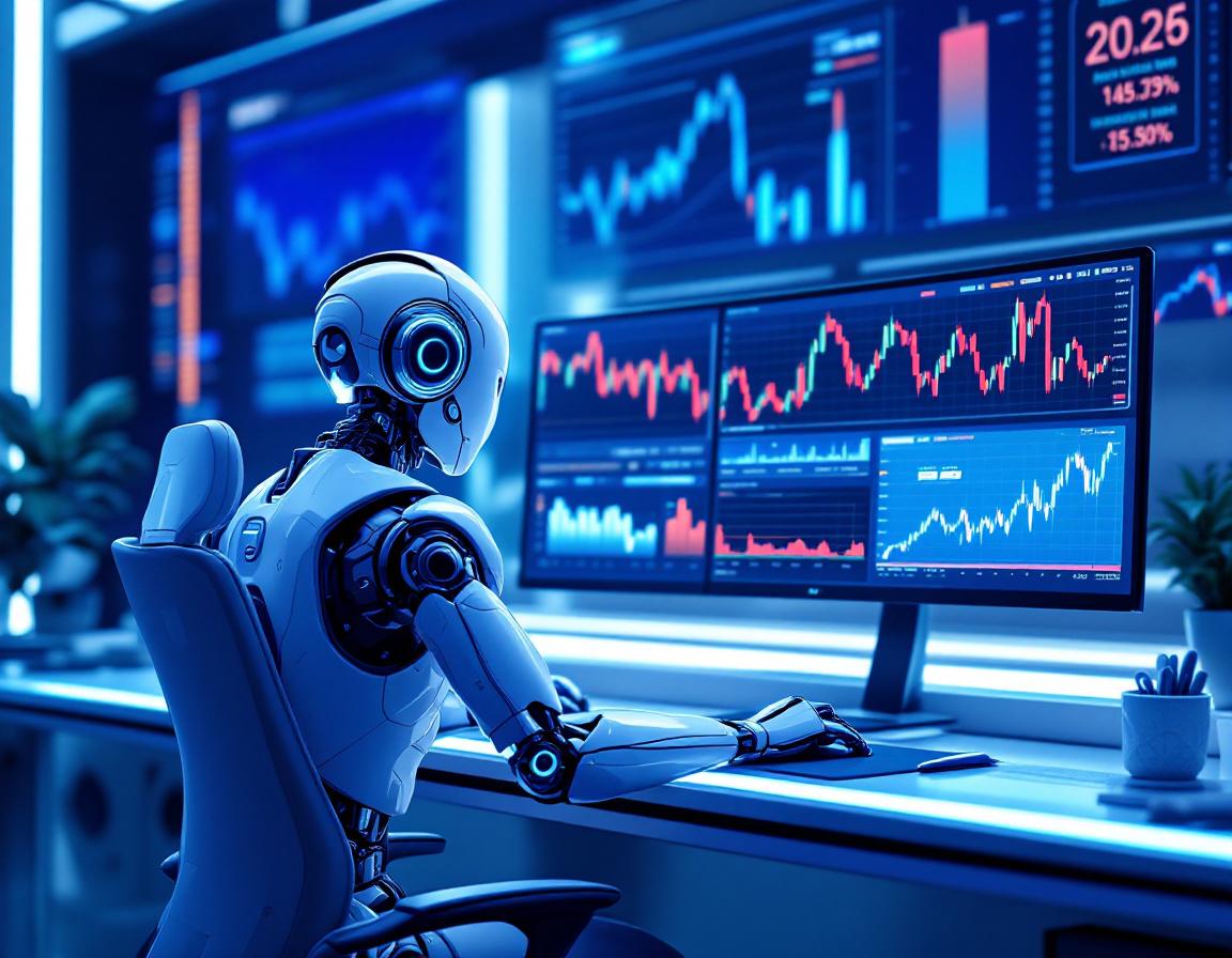 A hyper-realistic AI trading bot at a high-tech workstation analyzing crypto market data on screens.