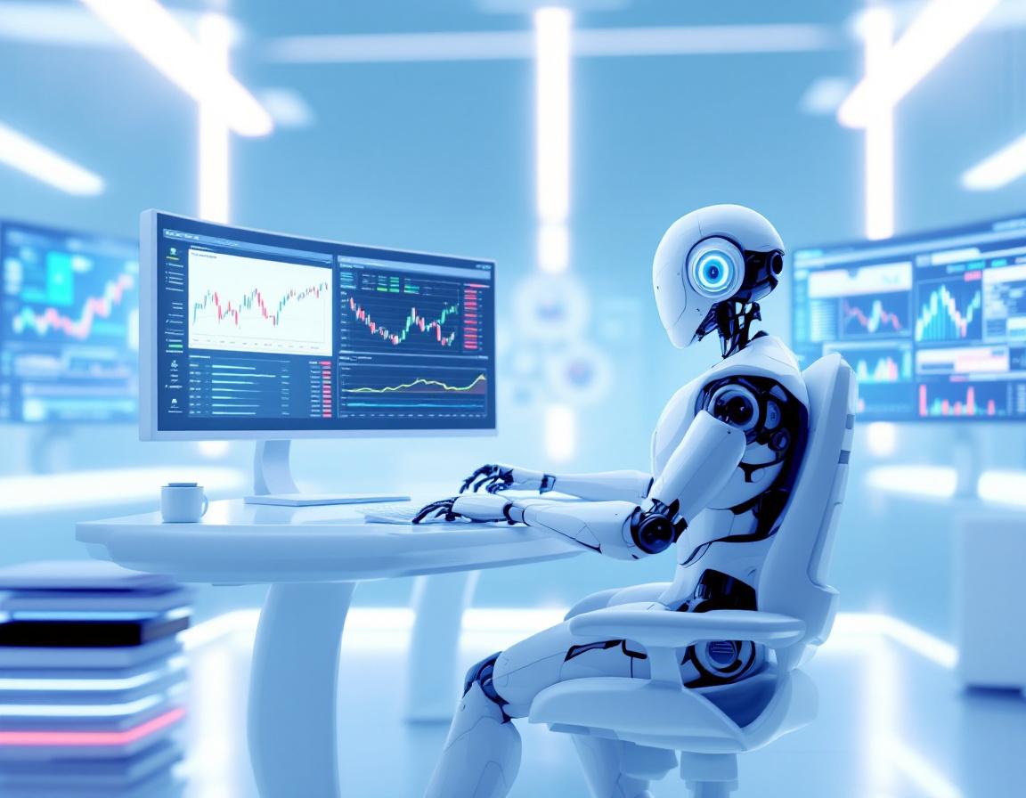 A hyper-realistic AI trading bot at a workstation, analyzing market data with multiple screens.