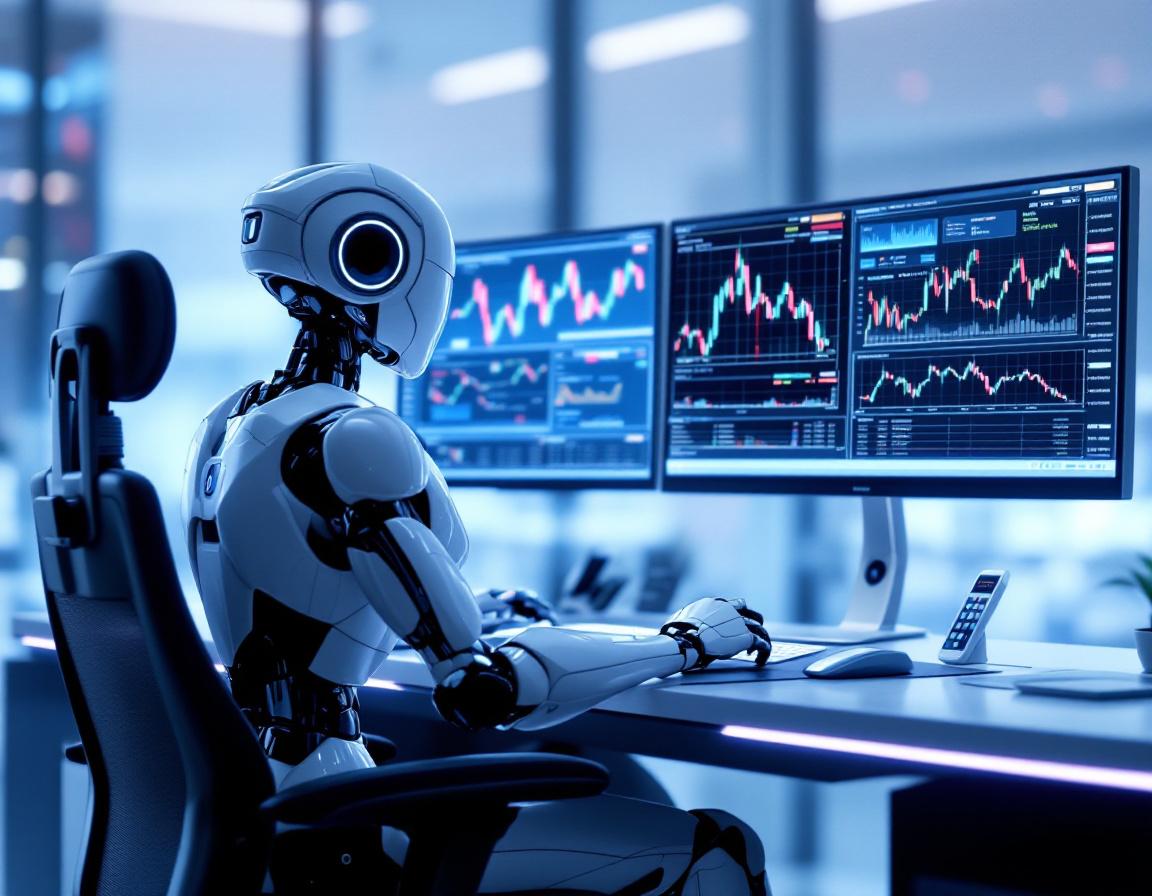 A hyper-realistic AI trading bot at a high-tech workstation analyzes crypto and stock market data.