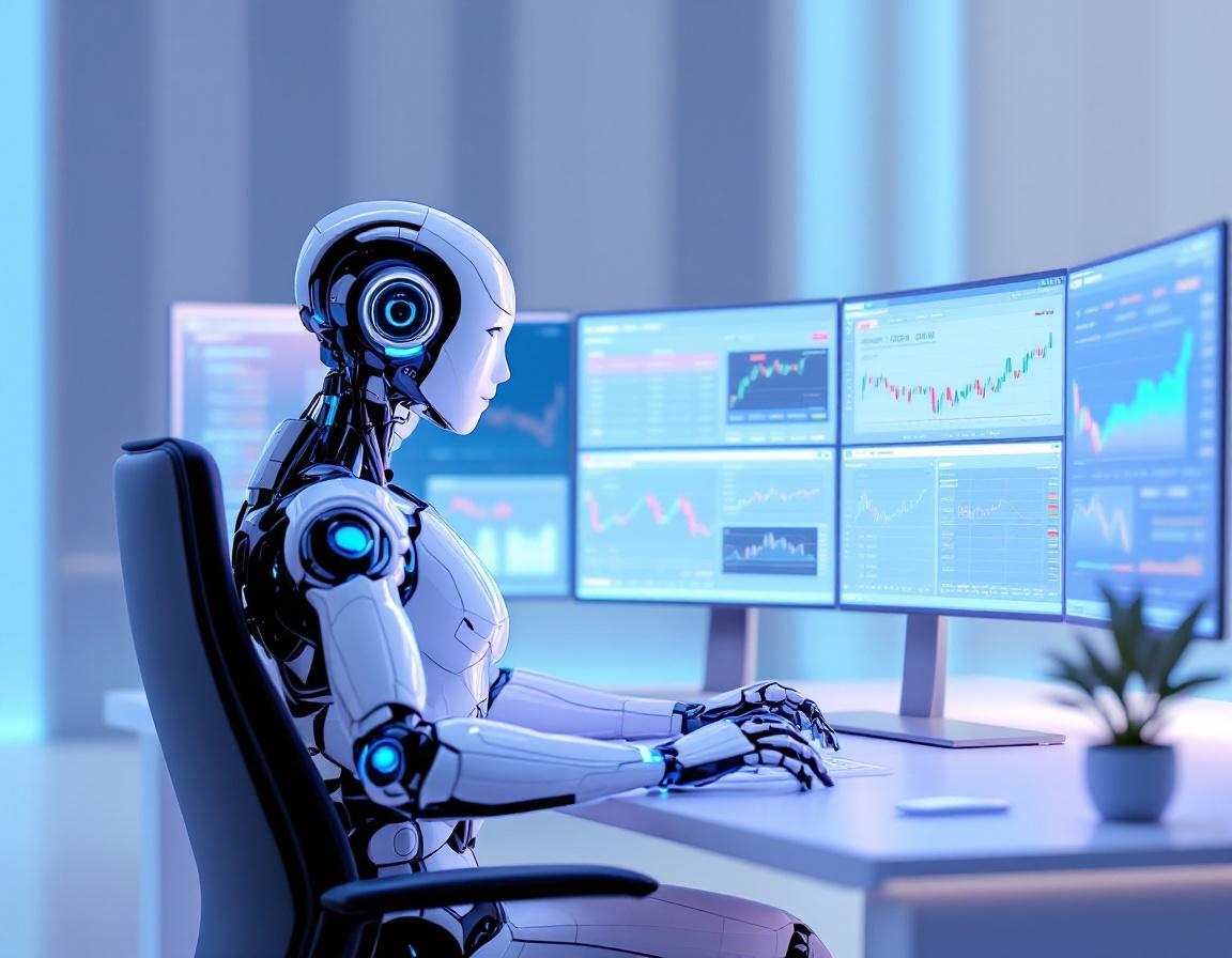 A hyper-realistic AI trading bot analyzes market data on multiple screens in a futuristic setting.