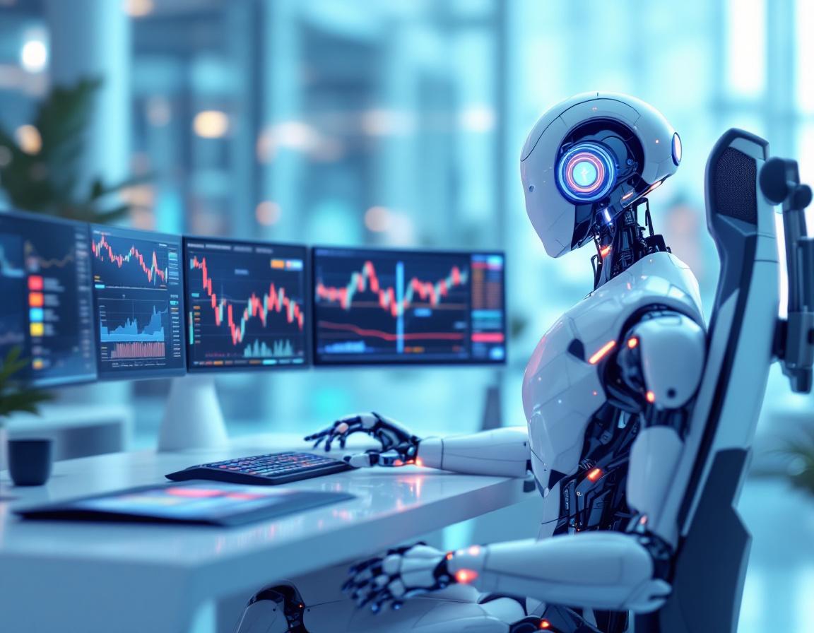 A hyper-realistic AI trading bot at a workstation, analyzing market data across multiple screens.