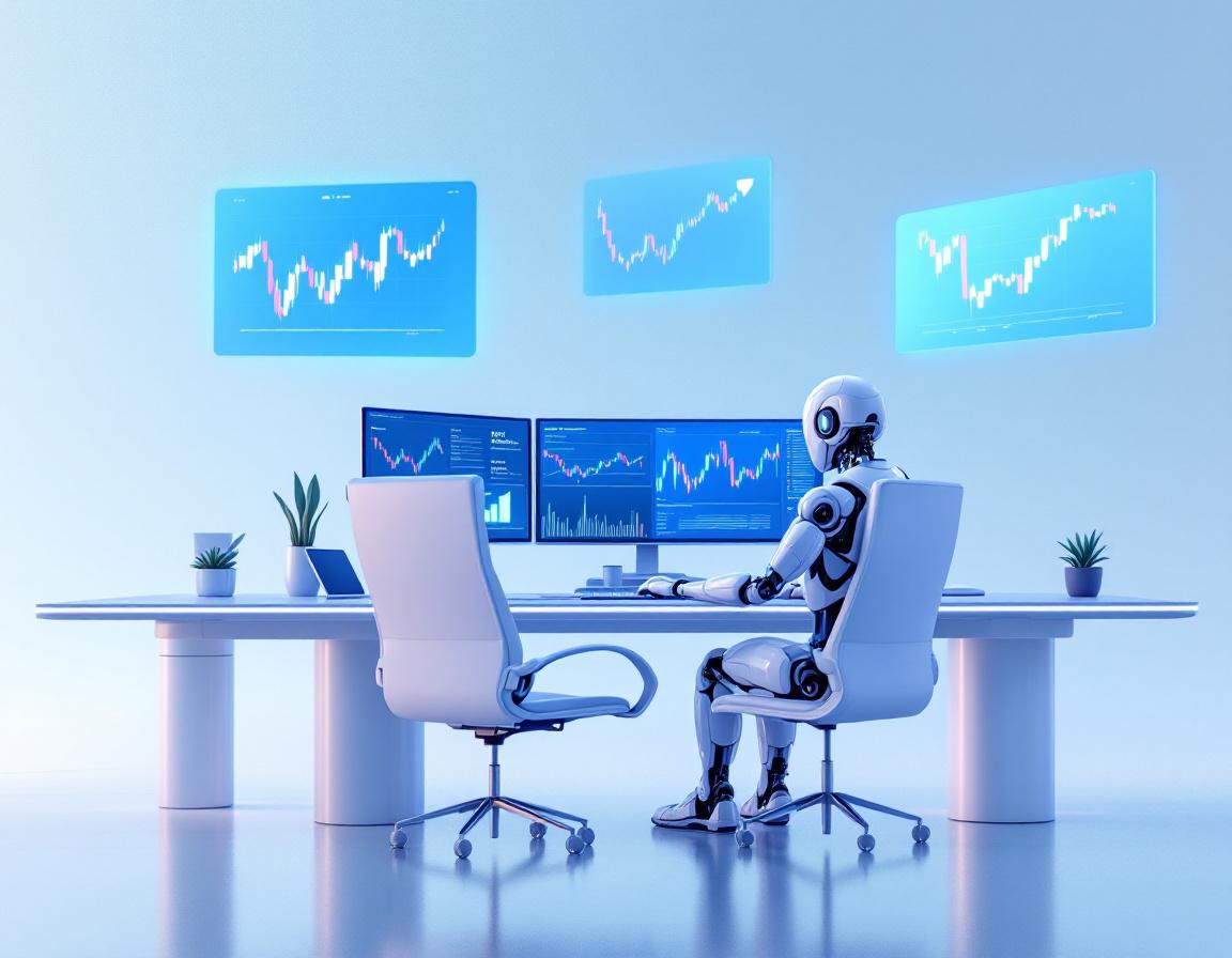 A hyper-realistic AI trading bot analyzes market data at a sleek workstation, surrounded by screens.