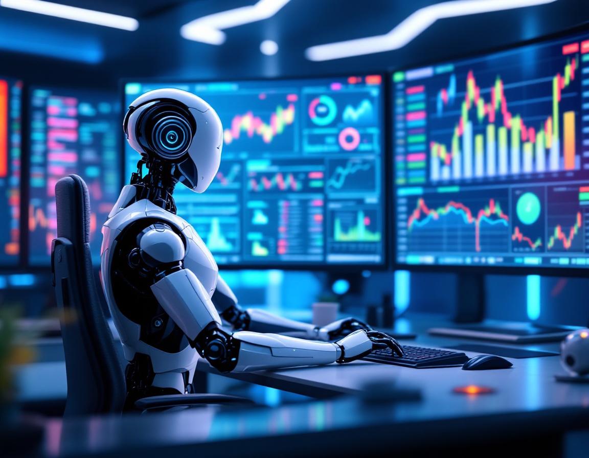A humanoid AI trading bot analyzes market data at a high-tech workstation with multiple screens.