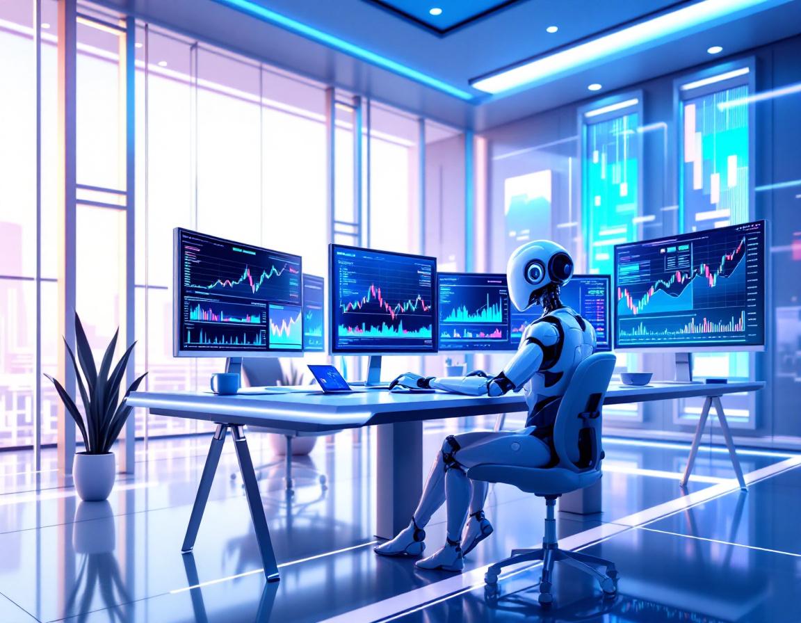 A humanoid AI trading bot analyzes market data at a futuristic workstation with multiple screens.