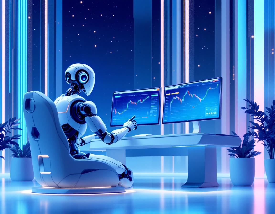 A hyper-realistic AI trading bot monitors multiple screens in a futuristic trading environment.