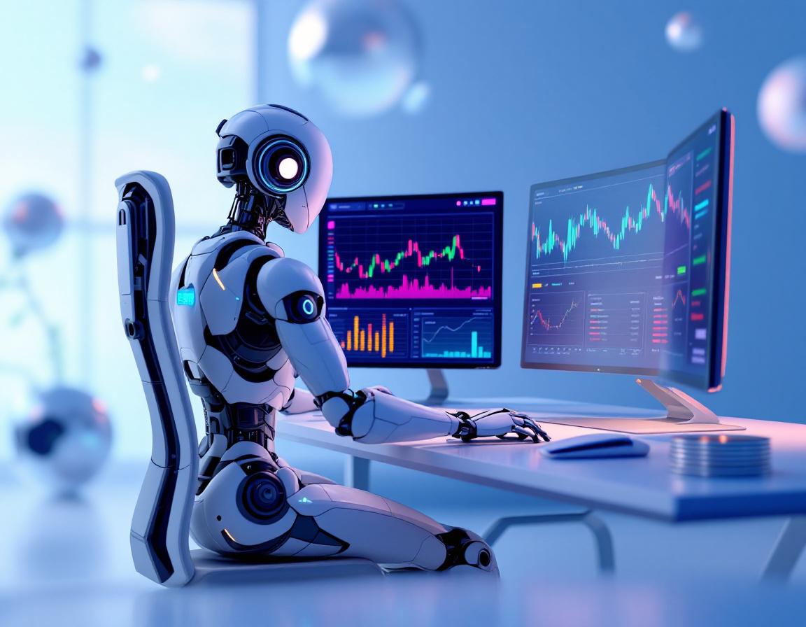 A hyper-realistic AI trading bot at a high-tech workstation analyzing crypto market data on screens.