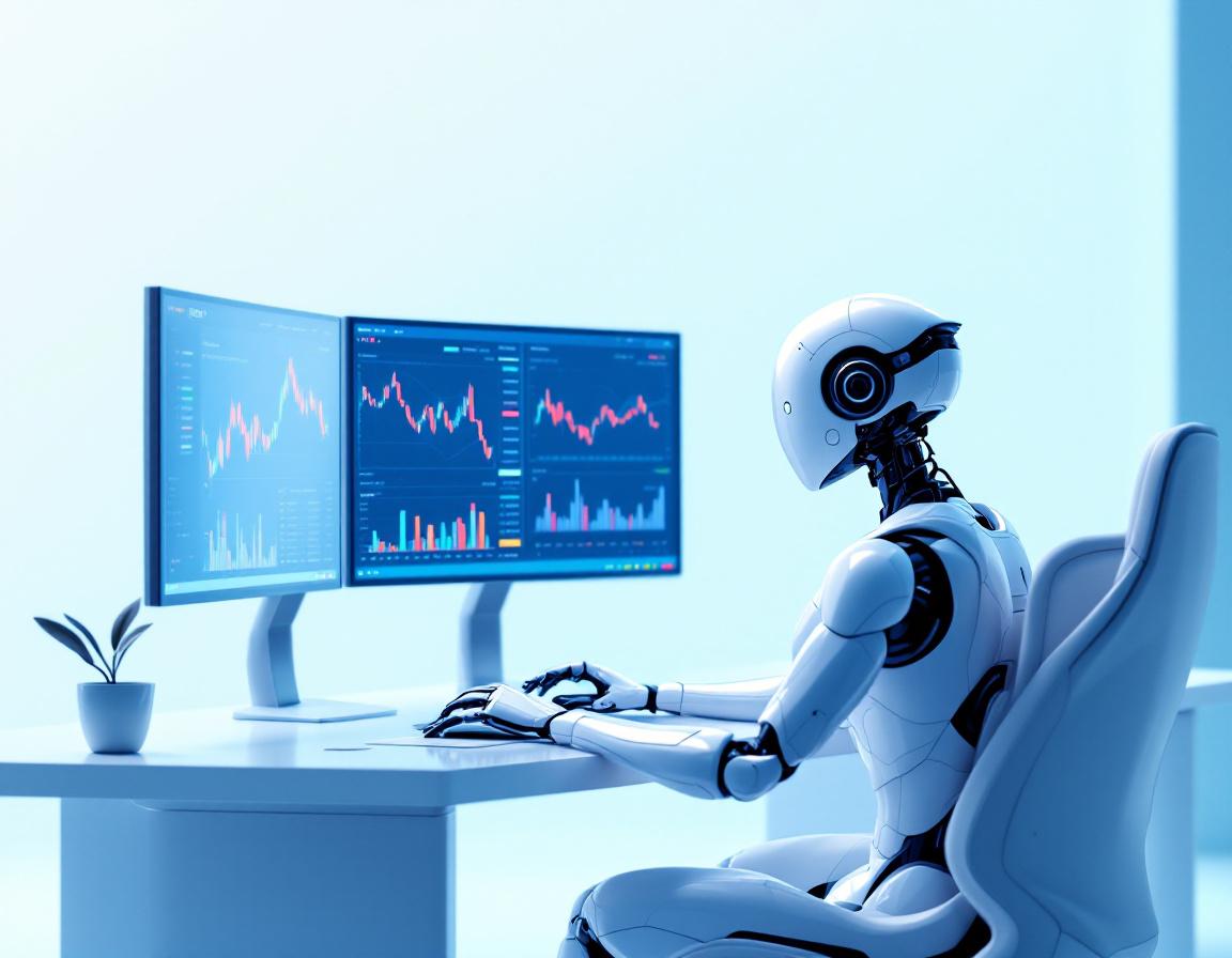 A hyper-realistic AI trading bot at a workstation, analyzing market data across multiple screens.