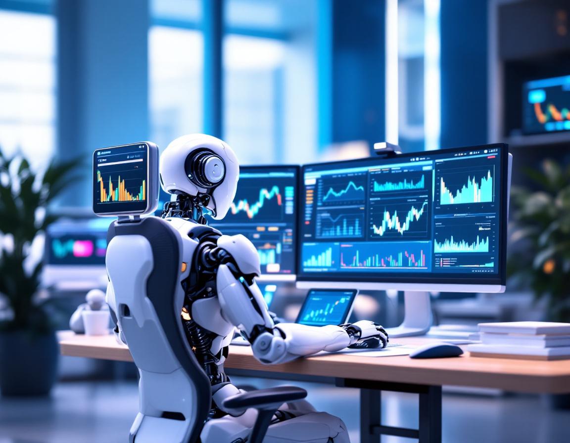 A hyper-realistic AI trading bot analyzes market data on multiple screens in a futuristic workspace.